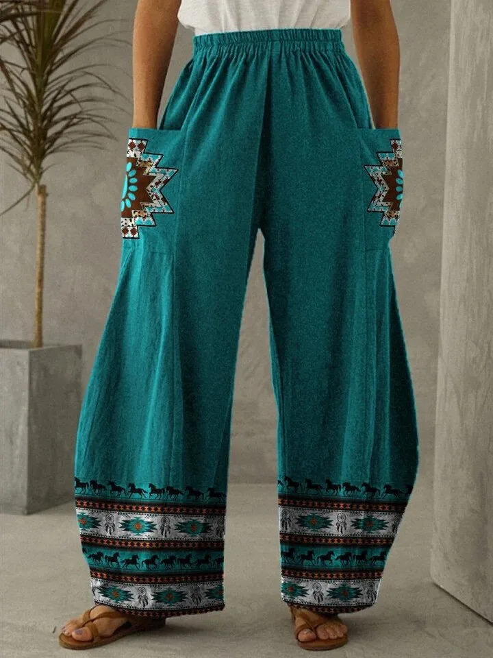 Vintage Ethnic Print Wide-Leg Pants